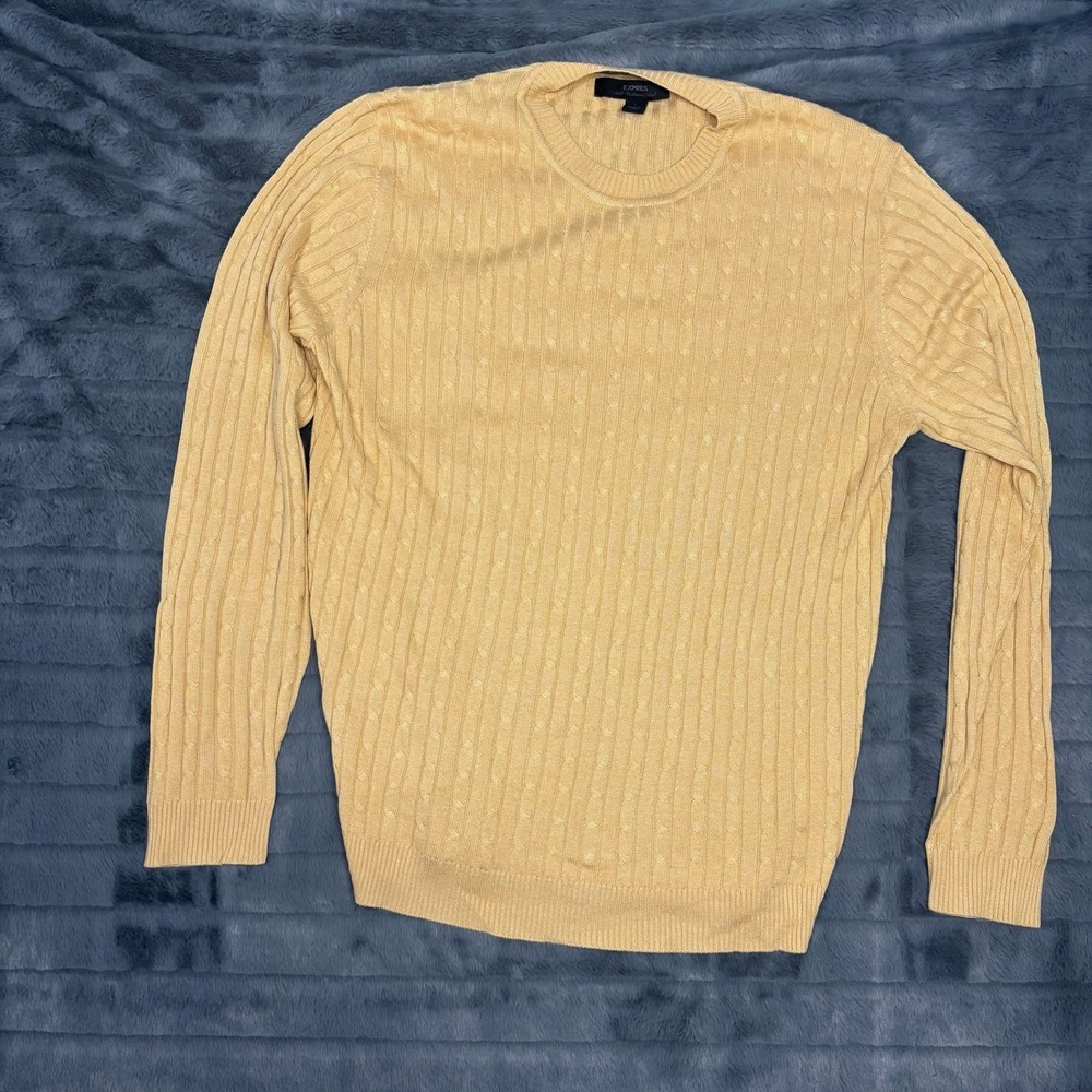 Express Mens Silk Cashmere Blend Cable Knit Sweater Yellow Large L 7523